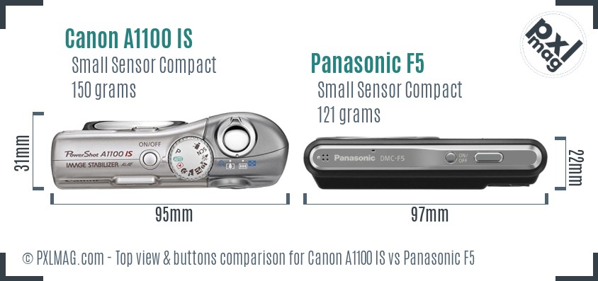 Canon A1100 IS vs Panasonic F5 top view buttons comparison