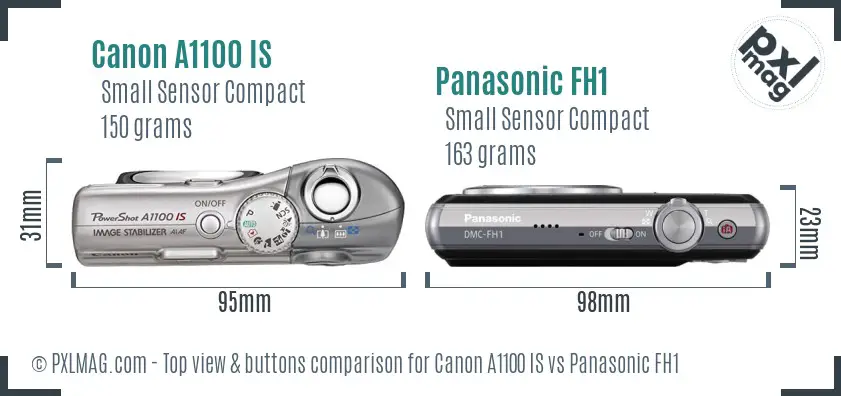 Canon A1100 IS vs Panasonic FH1 top view buttons comparison