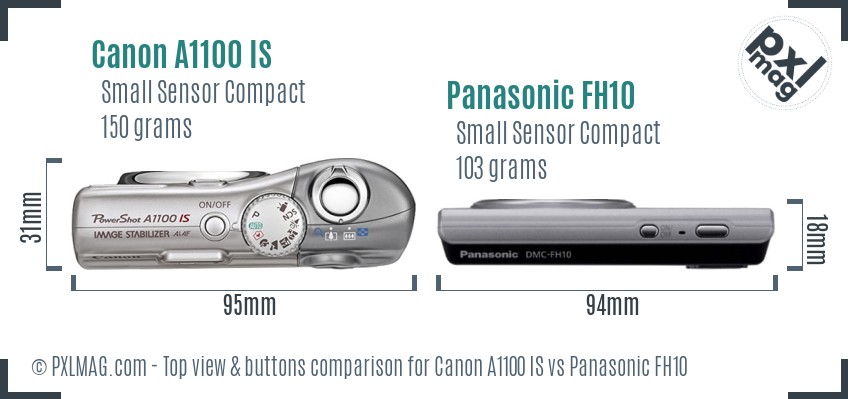 Canon A1100 IS vs Panasonic FH10 top view buttons comparison