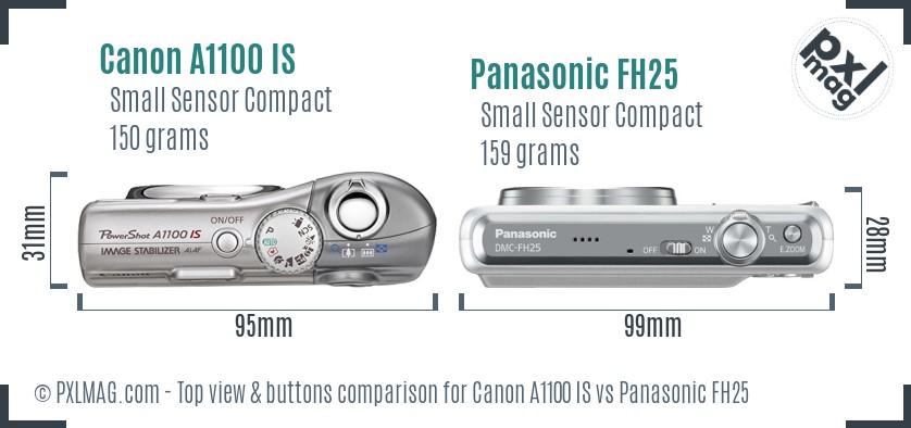 Canon A1100 IS vs Panasonic FH25 top view buttons comparison