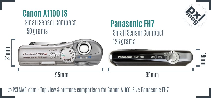 Canon A1100 IS vs Panasonic FH7 top view buttons comparison