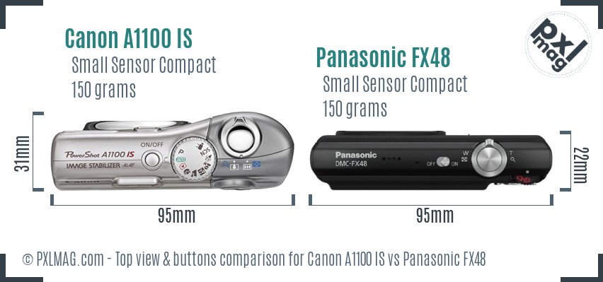Canon A1100 IS vs Panasonic FX48 top view buttons comparison
