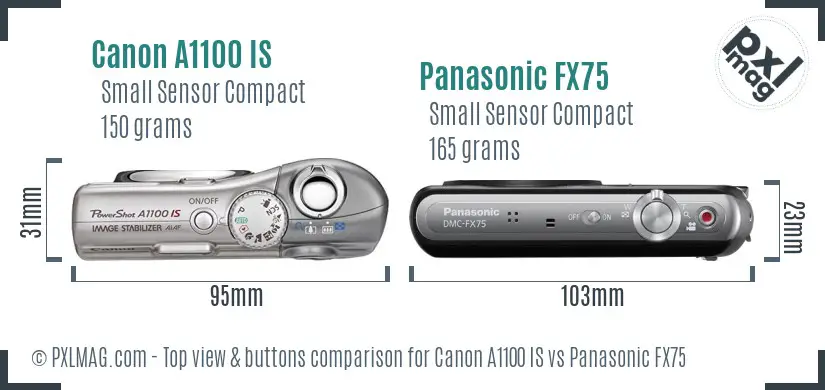 Canon A1100 IS vs Panasonic FX75 top view buttons comparison