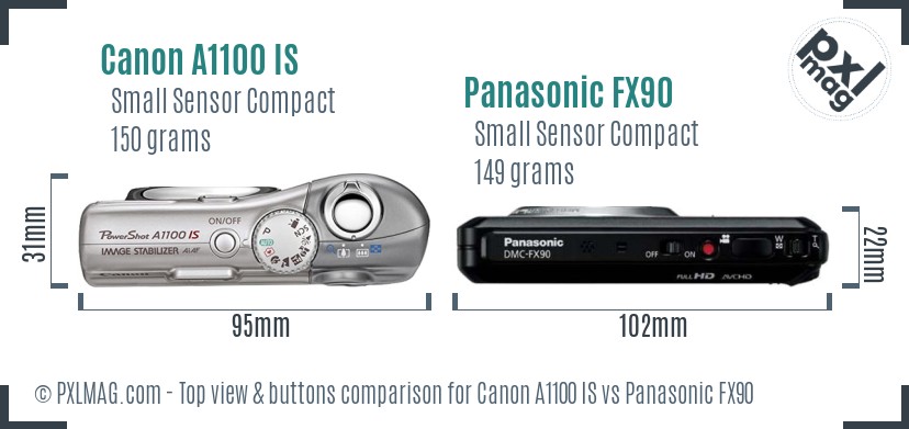 Canon A1100 IS vs Panasonic FX90 top view buttons comparison