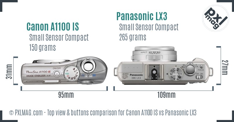 Canon A1100 IS vs Panasonic LX3 top view buttons comparison