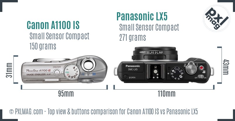 Canon A1100 IS vs Panasonic LX5 top view buttons comparison