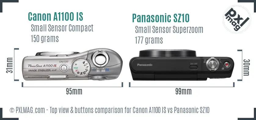 Canon A1100 IS vs Panasonic SZ10 top view buttons comparison Canon A1100 IS vs Panasonic SZ10 top view buttons comparison