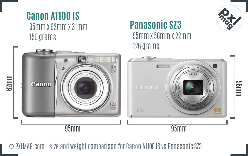 Canon A1100 IS vs Panasonic SZ3 size comparison Canon A1100 IS vs Panasonic SZ3 size comparison
