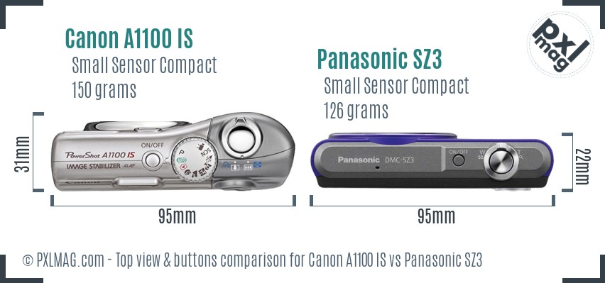 Canon A1100 IS vs Panasonic SZ3 top view buttons comparison