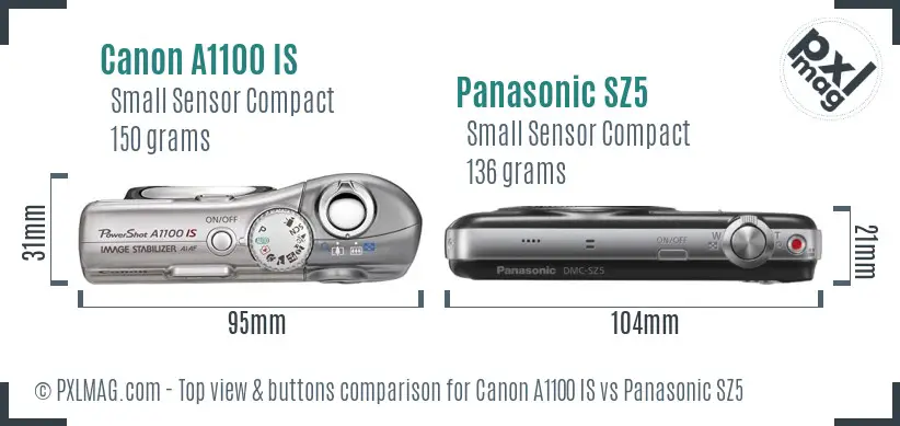 Canon A1100 IS vs Panasonic SZ5 top view buttons comparison
