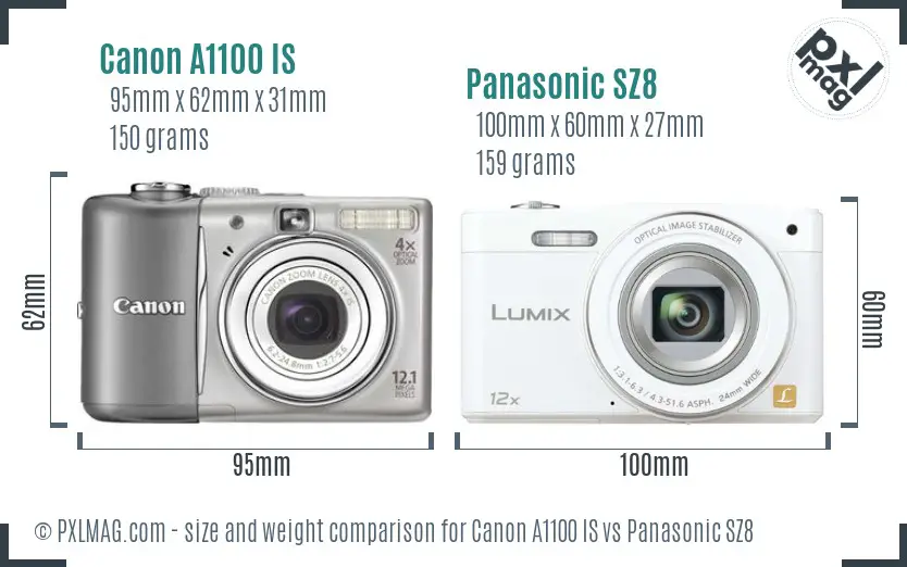 Canon A1100 IS vs Panasonic SZ8 size comparison