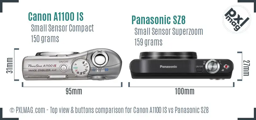 Canon A1100 IS vs Panasonic SZ8 top view buttons comparison