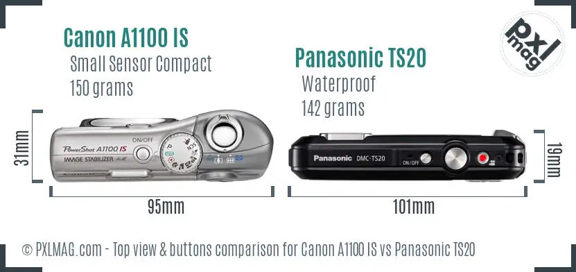 Canon A1100 IS vs Panasonic TS20 top view buttons comparison