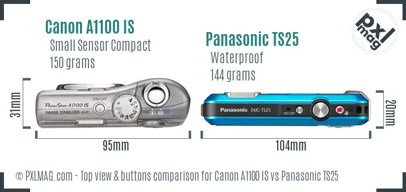 Canon A1100 IS vs Panasonic TS25 top view buttons comparison