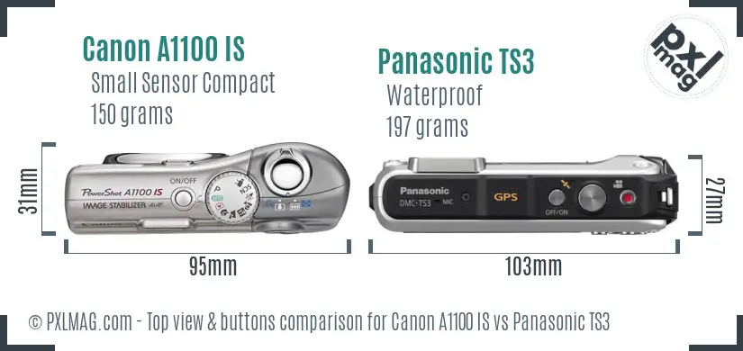Canon A1100 IS vs Panasonic TS3 top view buttons comparison