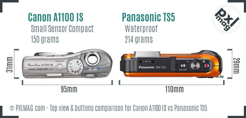 Canon A1100 IS vs Panasonic TS5 top view buttons comparison