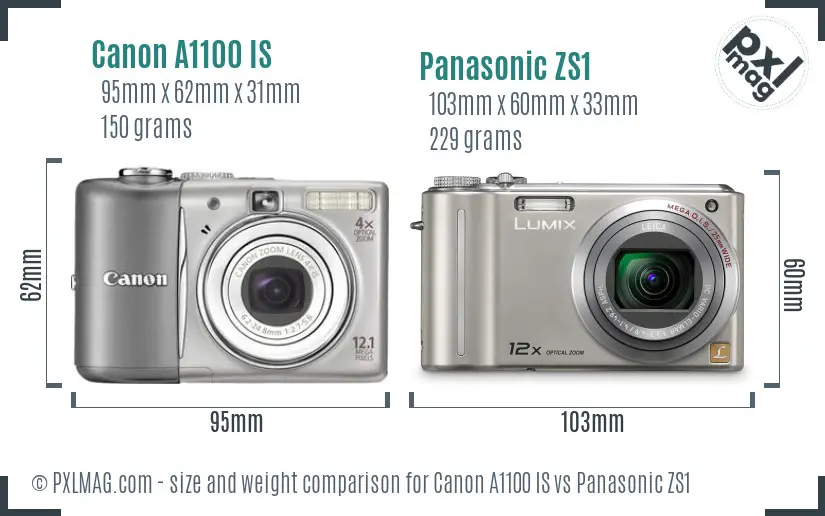 Canon A1100 IS vs Panasonic ZS1 size comparison