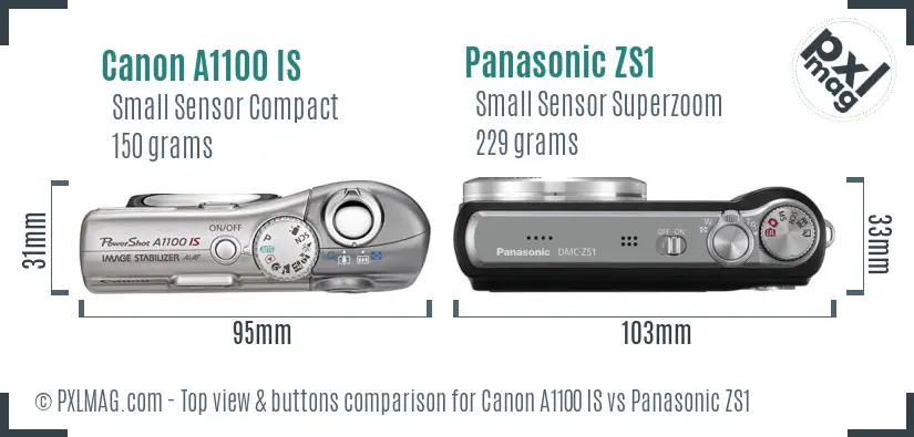 Canon A1100 IS vs Panasonic ZS1 top view buttons comparison
