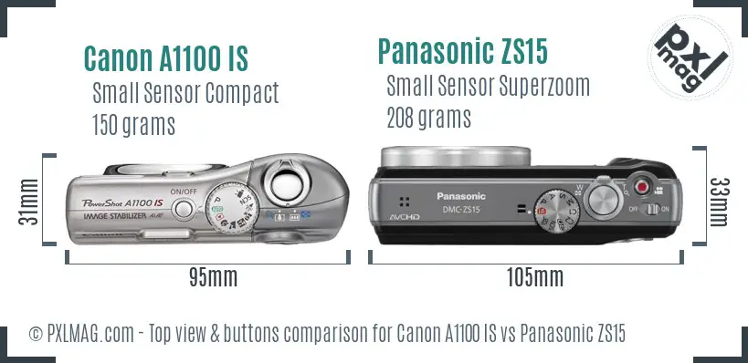 Canon A1100 IS vs Panasonic ZS15 top view buttons comparison