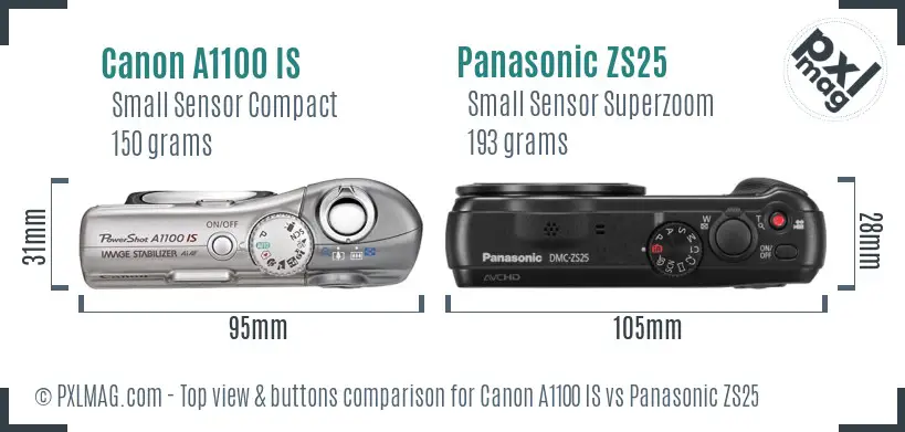 Canon A1100 IS vs Panasonic ZS25 top view buttons comparison Canon A1100 IS vs Panasonic ZS25 top view buttons comparison