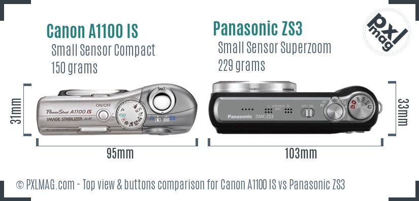 Canon A1100 IS vs Panasonic ZS3 top view buttons comparison