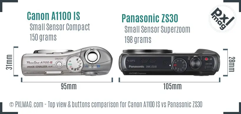 Canon A1100 IS vs Panasonic ZS30 top view buttons comparison