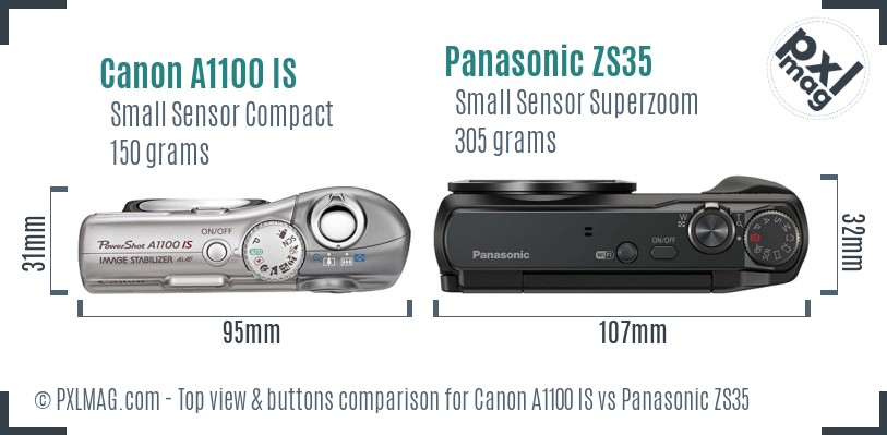 Canon A1100 IS vs Panasonic ZS35 top view buttons comparison