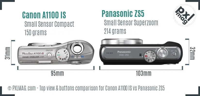 Canon A1100 IS vs Panasonic ZS5 top view buttons comparison