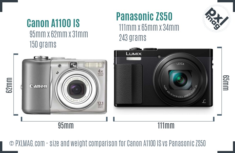 Canon A1100 IS vs Panasonic ZS50 size comparison