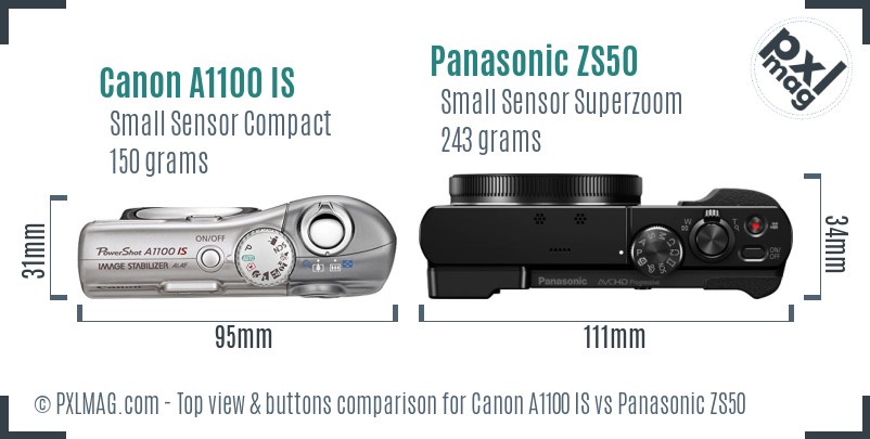 Canon A1100 IS vs Panasonic ZS50 top view buttons comparison