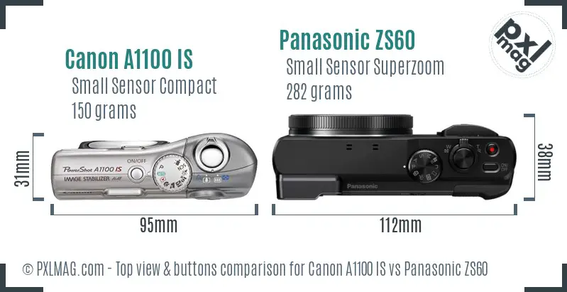 Canon A1100 IS vs Panasonic ZS60 top view buttons comparison