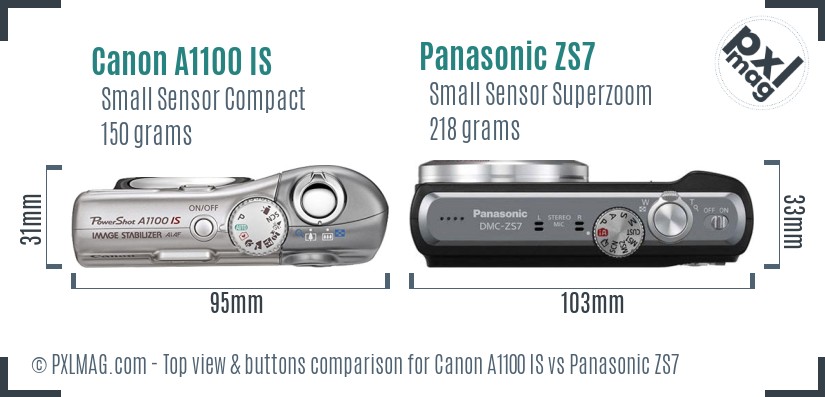 Canon A1100 IS vs Panasonic ZS7 top view buttons comparison