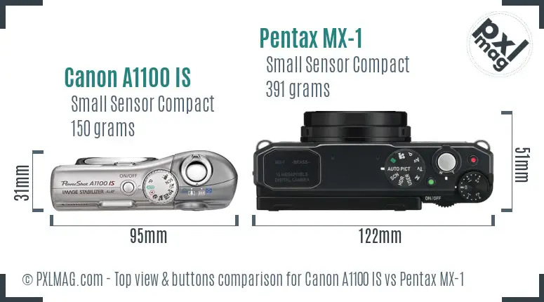 Canon A1100 IS vs Pentax MX-1 top view buttons comparison