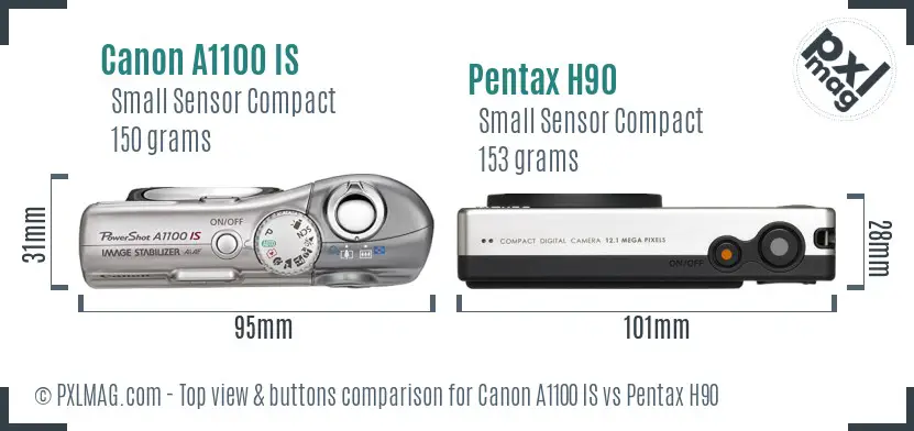 Canon A1100 IS vs Pentax H90 top view buttons comparison