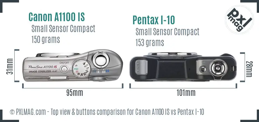 Canon A1100 IS vs Pentax I-10 top view buttons comparison
