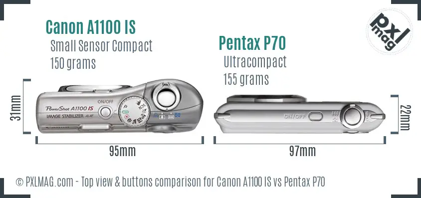 Canon A1100 IS vs Pentax P70 top view buttons comparison