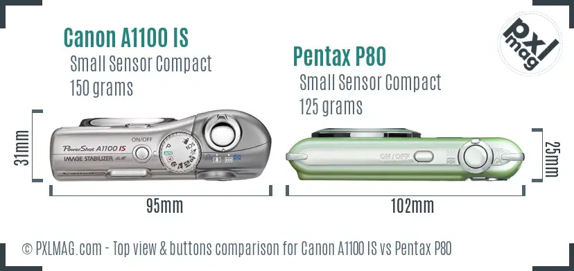 Canon A1100 IS vs Pentax P80 top view buttons comparison