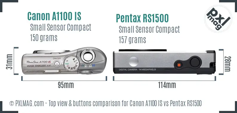 Canon A1100 IS vs Pentax RS1500 top view buttons comparison
