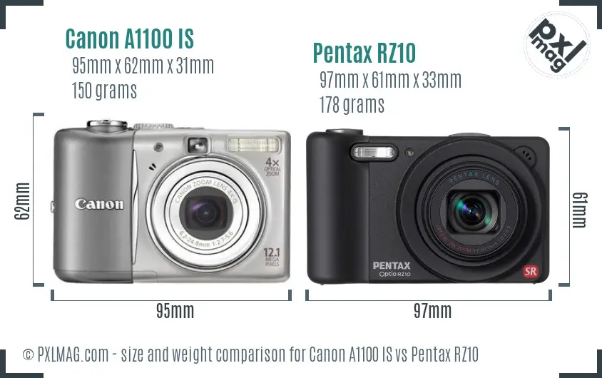 Canon A1100 IS vs Pentax RZ10 size comparison