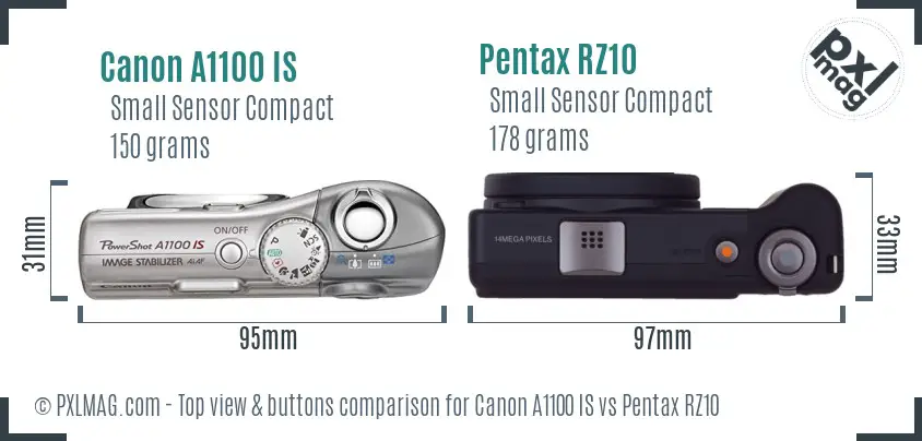 Canon A1100 IS vs Pentax RZ10 top view buttons comparison