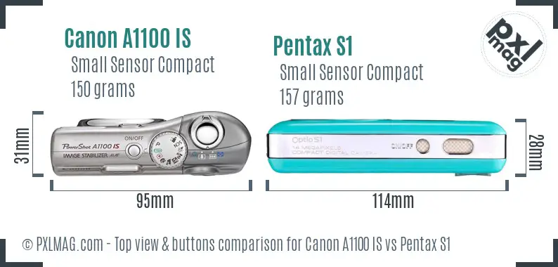 Canon A1100 IS vs Pentax S1 top view buttons comparison