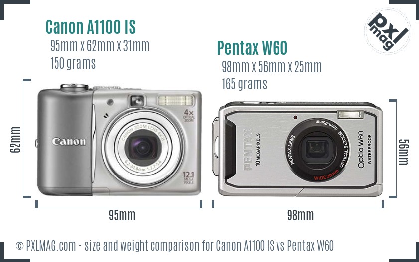 Canon A1100 IS vs Pentax W60 size comparison