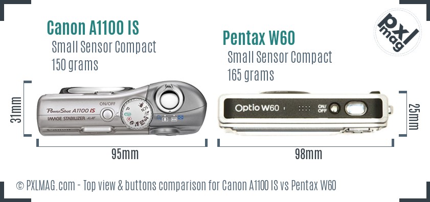 Canon A1100 IS vs Pentax W60 top view buttons comparison