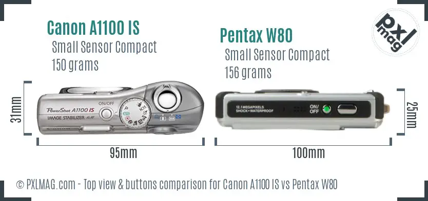Canon A1100 IS vs Pentax W80 top view buttons comparison Canon A1100 IS vs Pentax W80 top view buttons comparison