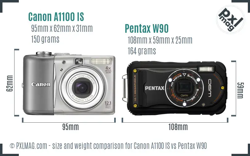 Canon A1100 IS vs Pentax W90 size comparison