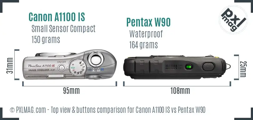 Canon A1100 IS vs Pentax W90 top view buttons comparison