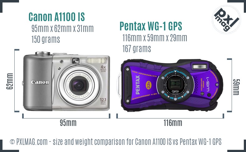 Canon A1100 IS vs Pentax WG-1 GPS size comparison