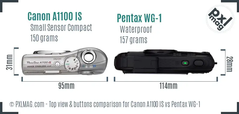 Canon A1100 IS vs Pentax WG-1 top view buttons comparison