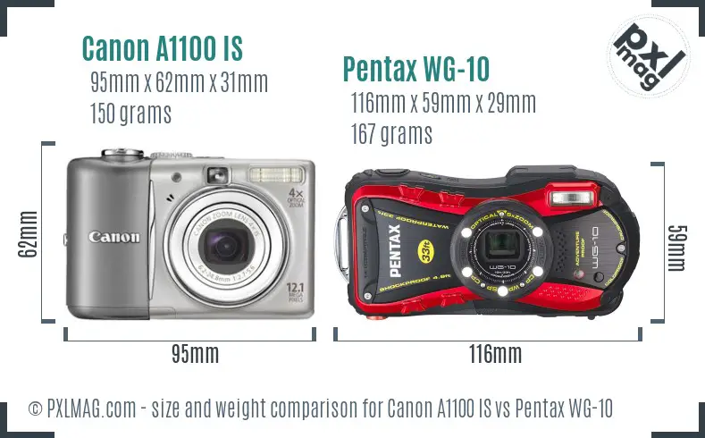 Canon A1100 IS vs Pentax WG-10 size comparison Canon A1100 IS vs Pentax WG-10 size comparison