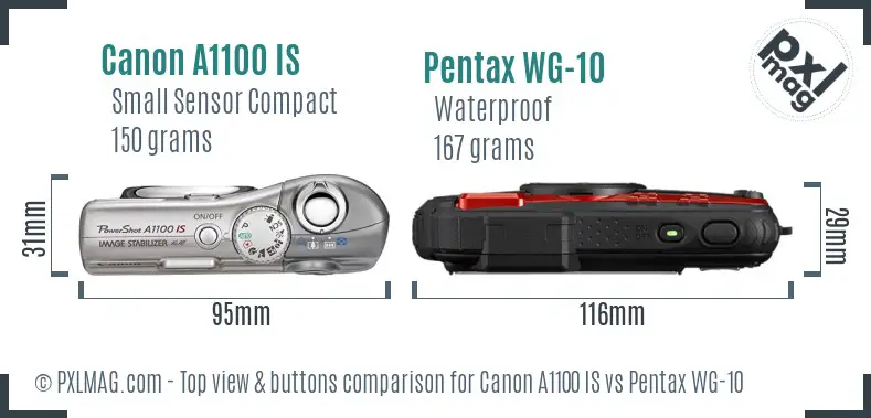 Canon A1100 IS vs Pentax WG-10 top view buttons comparison Canon A1100 IS vs Pentax WG-10 top view buttons comparison